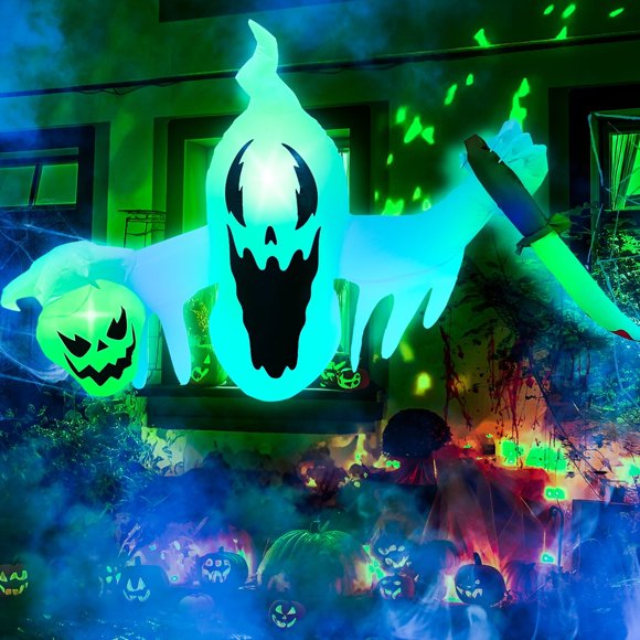 4FT Hanging Halloween Inflatable Decoration, Halloween Scary White Ghost Inflatable Broke Out from Window with Build-in LED Blow Up Inflatable for Indoor Outdoor Halloween Decor