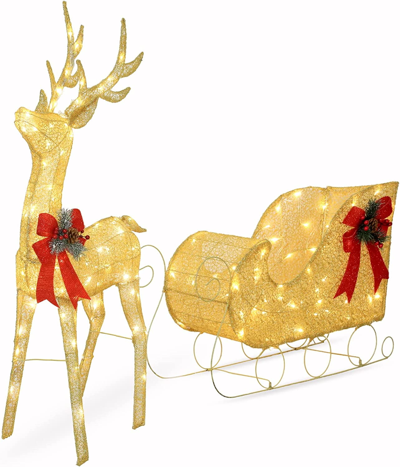 4FT Lighted Christmas Reindeer and Sleigh, Outdoor Reindeer Sleigh Yard
