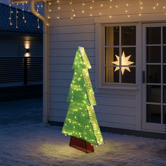 4FT Lighted Christmas Tree, 110 Warm White LEDs, Snowflake & Iridescent Design, Weather-Resistant Metal Frame Tinsel Fabric, Collapsible, Indoor Outdoor Porch Garden Holiday Decor