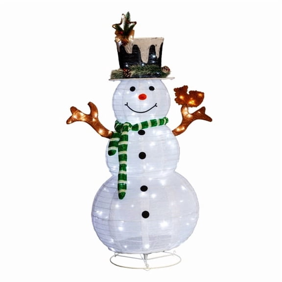 4FT Lighted Snowman Christmas Decoration, 120 White LEDs, Snow-Covered Hat & Green Scarf with Squirrel, for Indoor, Outdoor