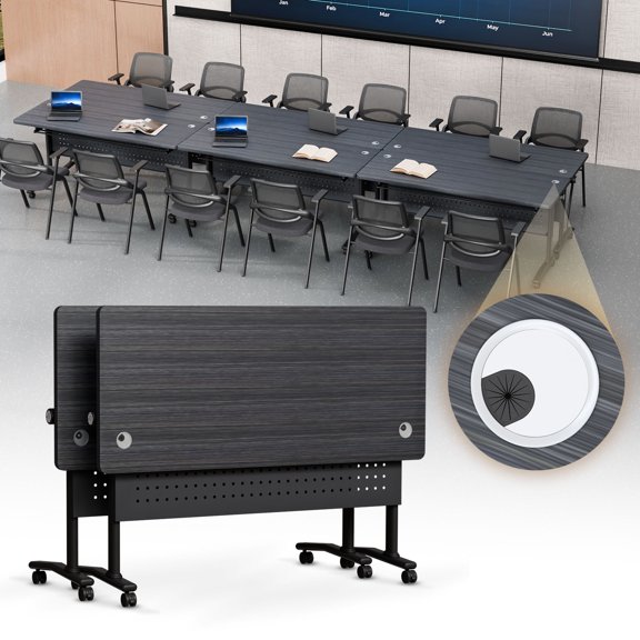 4FT Modular Flip Top Folding Conference Table with Cable Management 2pcs Mobile Training Desk for Office Classroom,Dark Gray