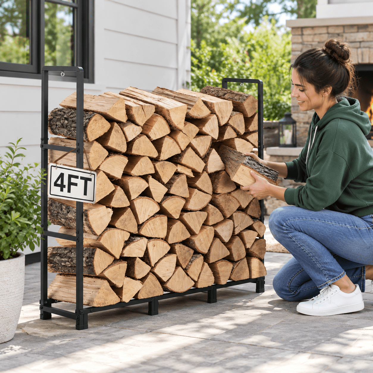 4FT Outdoor Firewood Rack, No Cover, Metal Log Holder for Firewood ...