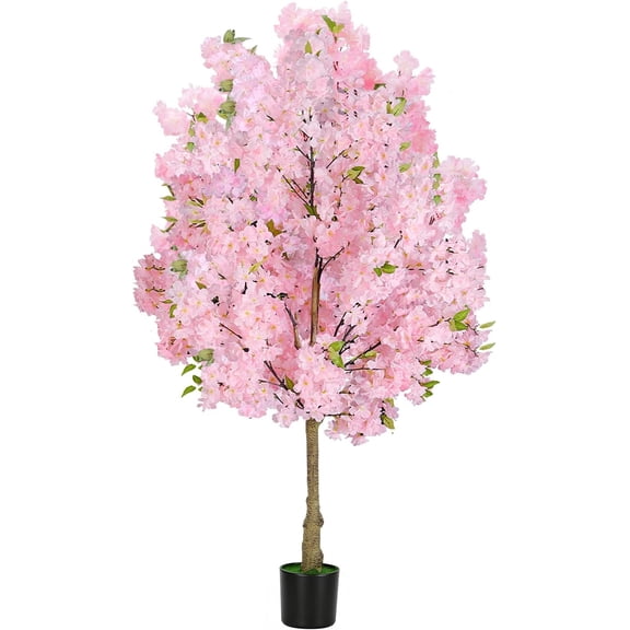 4FT Pink Artificial Cherry Blossom Tree, Realistic Potted Faux Cherry Tree, Silk Flower Fake Tree, Artificial Plants for Home Office Wedding Party Indoor Outdoor Front Door Decoration