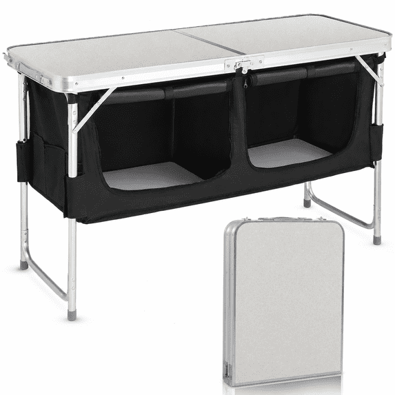4FT Portable Folding Camping Table with Storage, Aluminum Outdoor Cooking Station with 2 Adjustable Legs, Black