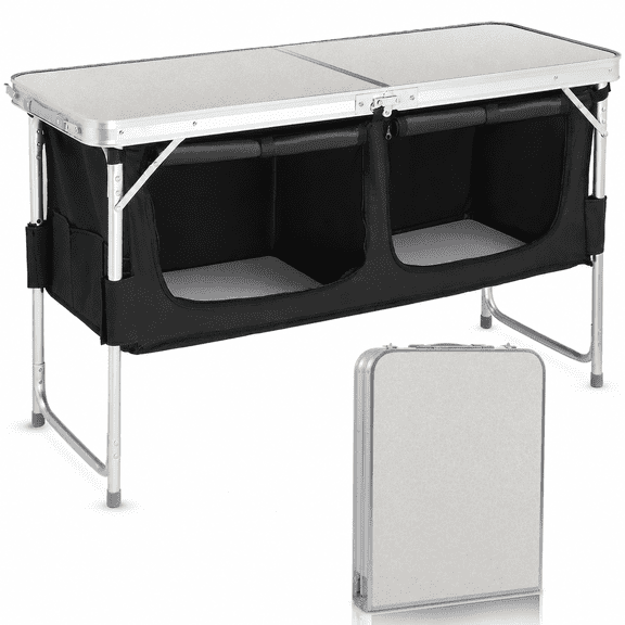 4FT Portable Folding Camping Table with Storage, Aluminum Outdoor Cooking Station with 2 Adjustable Legs, Black