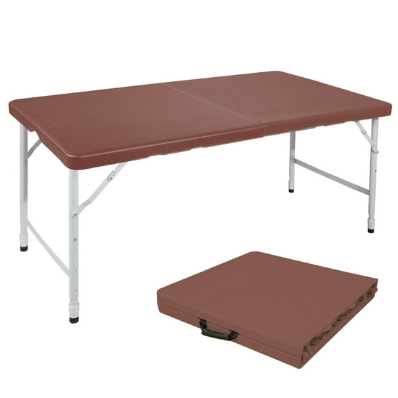 4FT Portable Folding Table, Fold-in-Half Utility Table with Height Adjustable, Heavy Duty Plastic Picnic Table with Carrying Handle for Indoor, Outdoor, Camping, Party, Garden, Brown