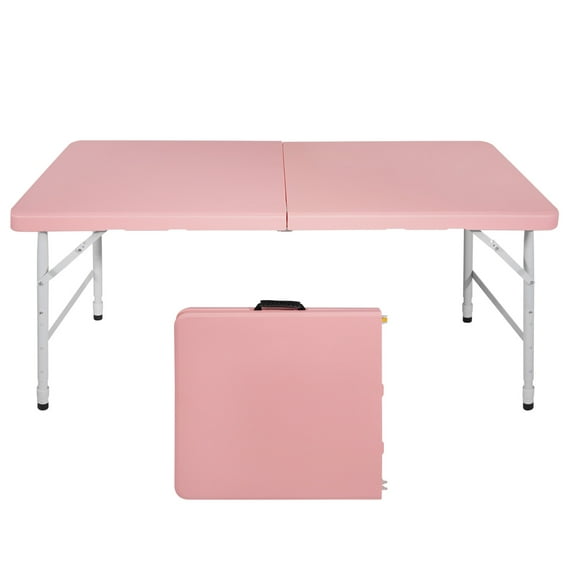 4FT Portable Folding Table, Fold-in-Half Utility Table with Height Adjustable, Heavy Duty Plastic Picnic Table with Carrying Handle for Indoor, Outdoor, Camping, Party, Garden, Pink