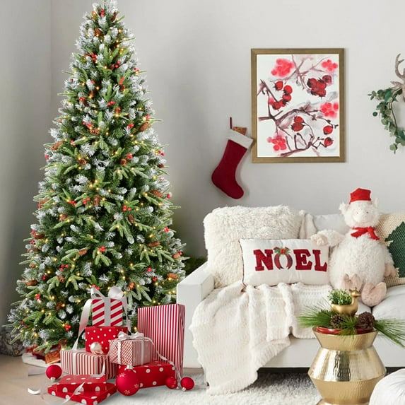 4FT Pre-Lit Artificial Christmas Tree with 150 Warm White LED Lights – 747 Realistic Snow-Tipped PE+PVC Branches, Decorative Red Berries & Pine Cones, Sturdy Metal Base