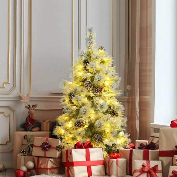 4FT Pre-Lit Artificial Christmas Tree with Pine Cones, Snow Flocked Christmas Tree with Lights, Artificial Xmas Tree with 403 Branch Tips, 250 Multi-Color LED Lights(White+Green)