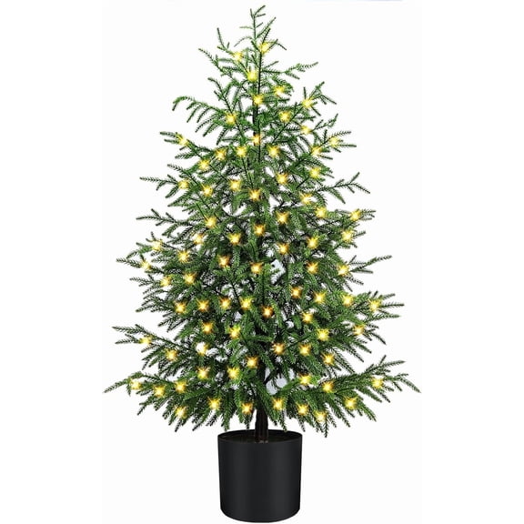 4FT Pre-Lit Artificial Norfolk Pine Christmas Tree – Realistic Potted Tree with 100 LED Lights & 8-Function Battery Box, Pre-Assembled Faux Holiday Décor for Indoor Use