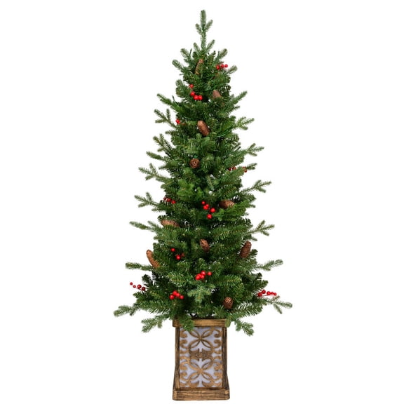 4FT Pre-Lit Green Christmas Tree with Glitter Base – 100 Multicolor LED Lights, 396 Tips, Red Berries & Pine Cones, PE/PVC Full Branches, Festive Light-Up Pot