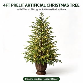 4FT Prelit Artificial Christmas Tree with String Lights, Faux Fir Christmas Tree in Decorative Woven Basket, Realistic Potted Tree for Indoor Outdoor Holiday Decor