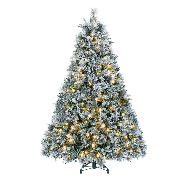 4FT Prelit Flocked Christmas Tree with Pine Needles & Eucalyptus Leaves, 150 Warm White LED Lights, 404 Tips, Hinged Branches, Metal Stand  Snowy Artificial Tree for Holiday Decor