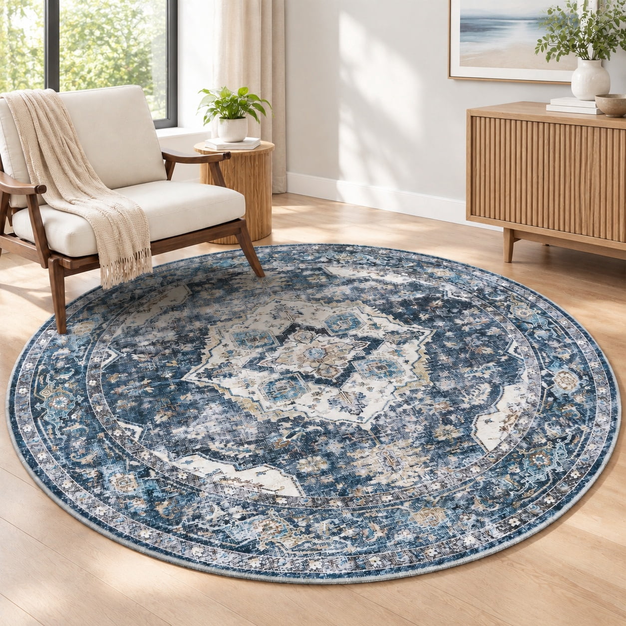 4FT Round Area Rug - Soft Vintage Blue Non-Slip Circle Rug for Living ...