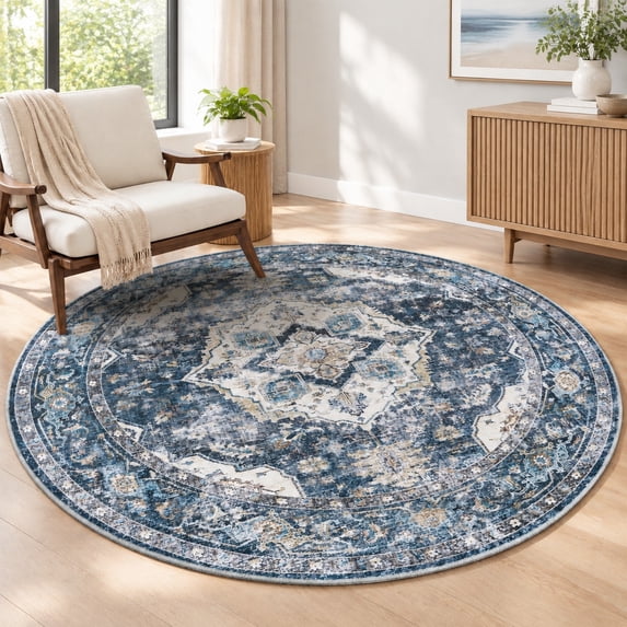 4FT Round Area Rug - Soft Vintage Blue Non-Slip Circle Rug for Living ...