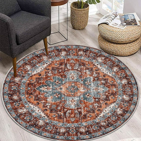 4 ft Round Area Rug, Yamaziot Boho Vintage Oriental Circle Carpet, Washable Non Slip Non Shedding Soft Faux Indoor Floor Mat Rug for Bedroom Living Room Sofa Office