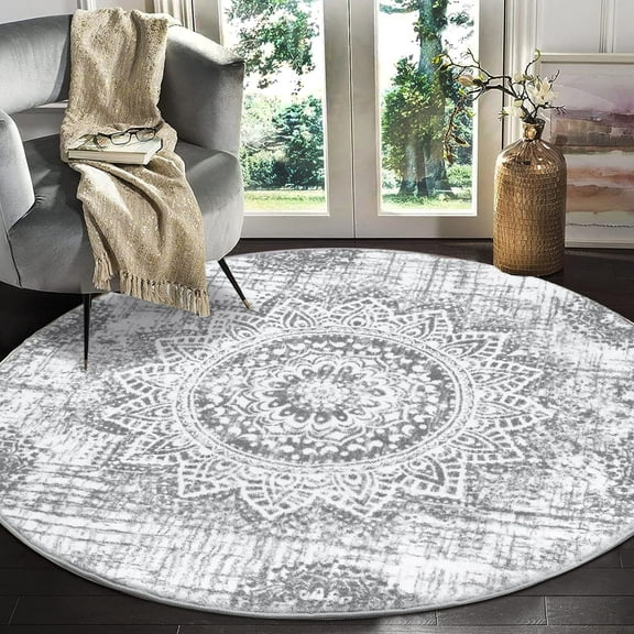 4 ft Round Area Rug, Yamaziot Boho Vintage Oriental Circle Carpet, Washable Non Slip Non Shedding Soft Faux Indoor Floor Mat Rug for Bedroom Living Room Sofa Office