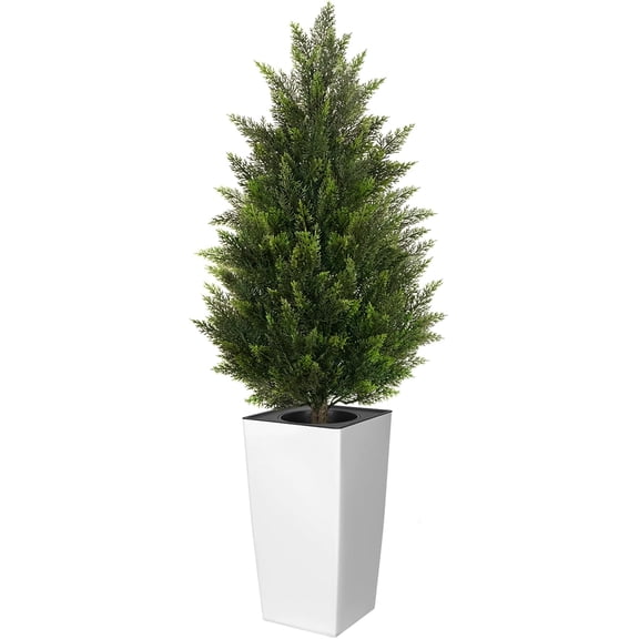 4FT Tall Artificial Cedar Topiary Tree with Compact Pyramidal Shape, Realistic Faux Cypress in Square White Pot with Fillable Water Bag, Outdoor Evergreen for Front Porch Garden Home Decor