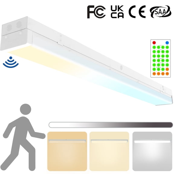 4FT Tri-Level Motion Sensor LED Wraparound Stairwell Light with Remote, IP20, 20W(2500lm)/40W(5000lm), 3/4/5000K CCT Selectable, 100-277V, Dimmable,Flush Mount LED Wrap Shop Ceiling Light Fixture,FCC