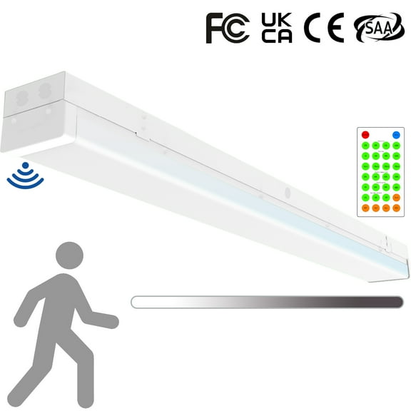 4FT Tri-Level Motion Sensor LED Wraparound Stairwell Light with Remote, IP20, 20W(2500lm)/40W(5000lm), 5000K, 100-277V, Dimmable, Flush Mount Commercial LED Wrap Shop Ceiling Light Fixture, FCC