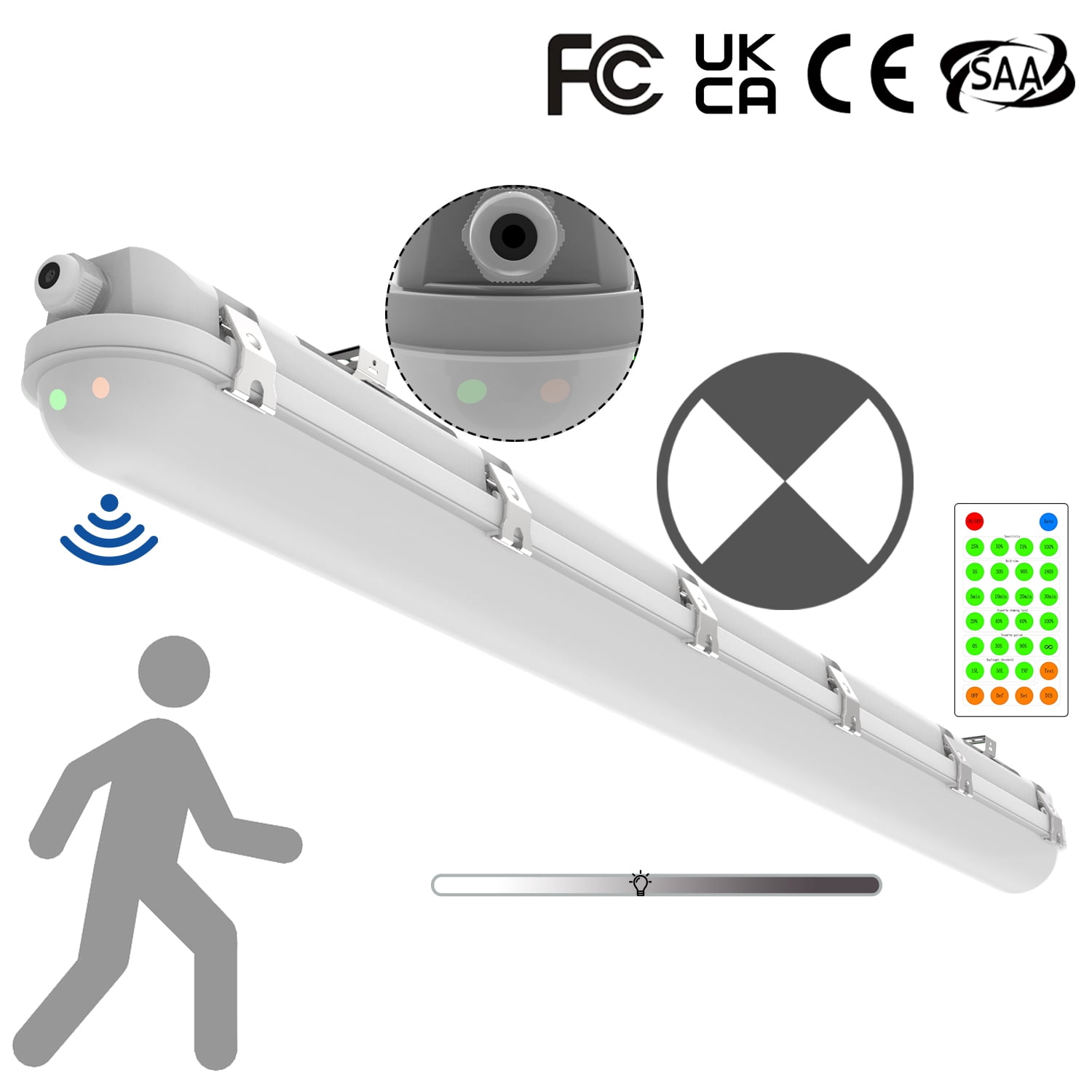 4FT Tri-Level Sensor LED Vapor Tight Emergency Light w/Remote, Battery Backup IP65 40W 5000lm Waterproof LED Outdoor Shop Light, 5000K, 100-277V, 0-10V Dimmable 4 Foot Carport Vapor Proof Fixture,FCC