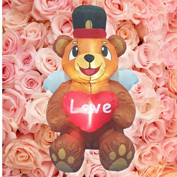 4FT Valentines Inflatable Bear with Heart, LED Lighted Romantic Valentines Day Inflatables Outdoor Decorations, Valentines Day Blow Up Decorations for Roof Garden Yard Lawn