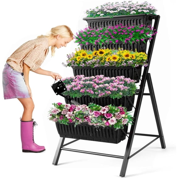4FT Vertical Garden Bed, 5 Tiers Raised Garden Planter, 25.6 * 26 * 48Inch with 4 Hooks & 4 Wheels, Vegetable Flower Stand for Garden Patio Yard, Black