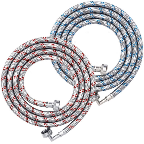 4FT Washing Machine Hoses Set, 2 Pack Core Braided Stainless Steel Burst-Proof Washer Hoses with 90 Degree Elbow
