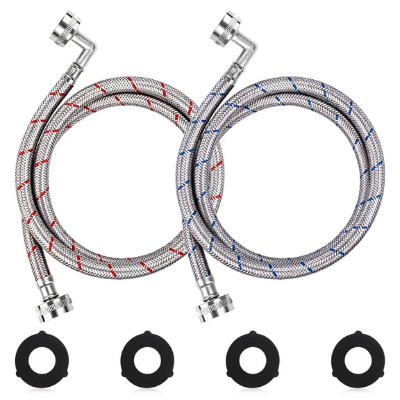 4FT Washing Machine Hoses with 90 Degree Elbow,3/4" NPT Connection Red and Blue Striped Water Connection Inlet Supply Lines,2Pcs