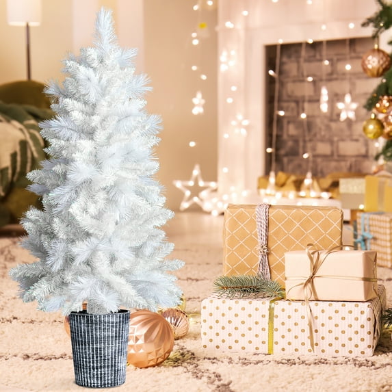 4FT white artificial Christmas tree with pot stand 200 tips slim potted Xmas pine for holiday living room office tabletop entryway apartment winter decor easy setup durable PVC branches