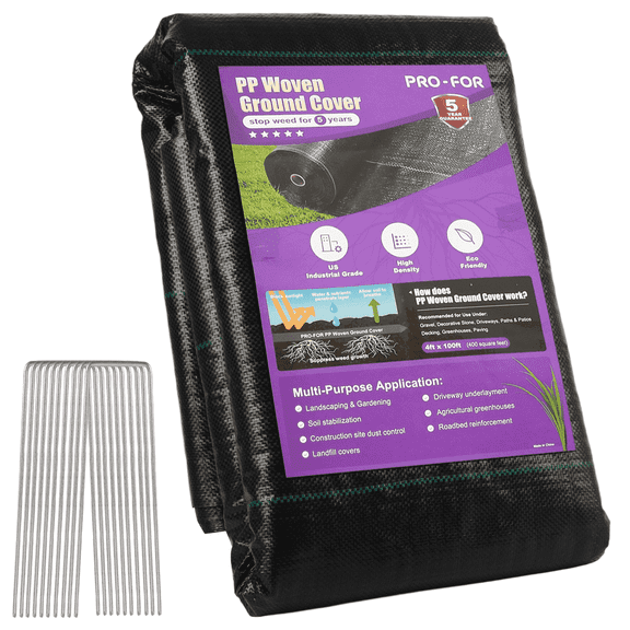 PRO-FOR 4ft x 50ft 3.2oz Heavy Duty Woven Weed Barrier Fabric, Breathable Ground Cover with 10 U-Shaped Securing Pegs