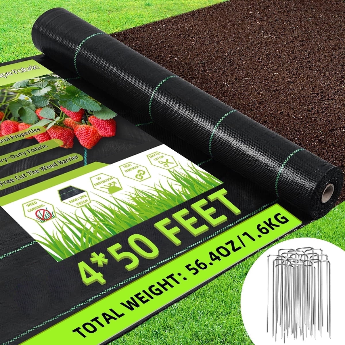 4FT x 50FT Weed Barrier Landscape Fabric, Heavy Duty Weed Blocker Gardening Mat, Garden Cloth for for Underlayment, Gardening Ground, Commercial Driveway, Farming with 12 U-Shaped Securing Pegs