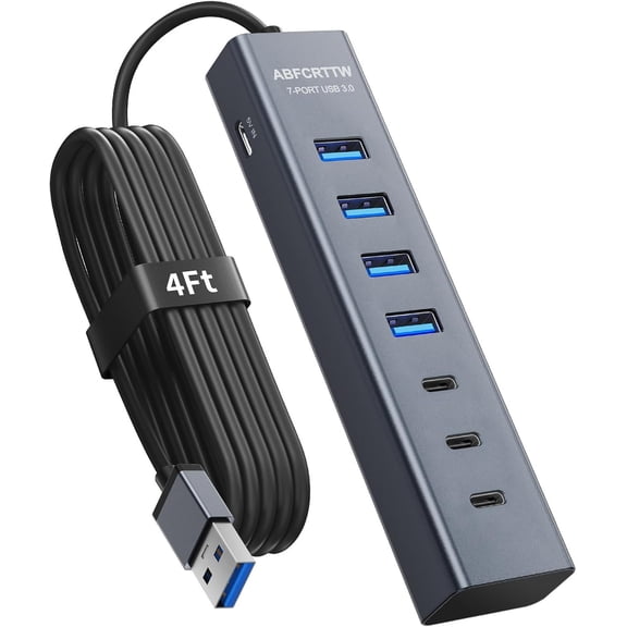 4Ft 7-Port USB Hub 3.0 for Desktop, 4 USB-A & 3 USB-C Ports Aluminium 5Gbps Extender Hub, Splitter, Long Cable PC, Flash Drive, Mobile HDD SSD, Windows/XPS