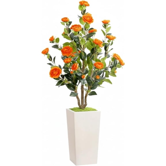 4Ft Artificial Bushes with Camellia Flowers for Outdoor, Faux Plants Fall Trees Fake in Pots, Autumn Home Porch Front Door Indoor Outside Decor Flower Potted Orange