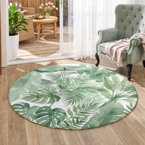 4Ft Banana Leaf Round Area Rug Green Palm Foliage Tropical Plants ...