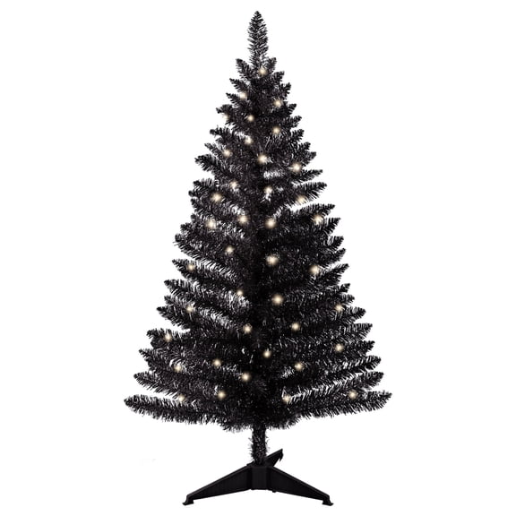 4Ft Black Artificial Christmas Pine Tree, Tinsel, Three-Section Assembly, Includes Base