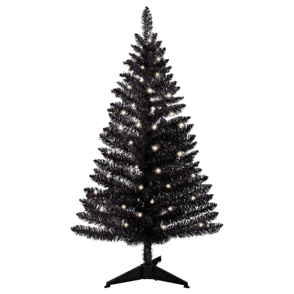 4Ft Black Artificial Christmas Pine Tree, Tinsel, Three-Section Assembly, Includes Base