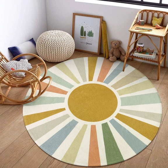 4Ft Boho Round Rug Colorful Sun Circle Non-Slip Washable Rug for Kids Room Bedroom