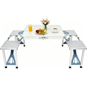 4Ft Camping Picnic Table Set with 4 Seats with Umbrella Hole Folding Lightweight Suitcase Card Table-220 Lbs Support Aluminum Frame,Outdoor Camping Patio Fold Up Card Suitcase Table with Carry Handle