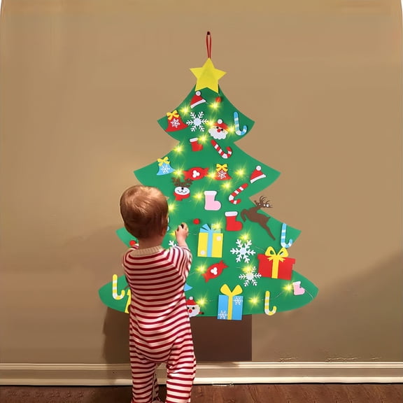 4Ft DIY Felt Christmas Tree Set with 5m Warm White LED String & 36 Detachable Ornaments, Interactive Wall Decor for Kids and Toddlers