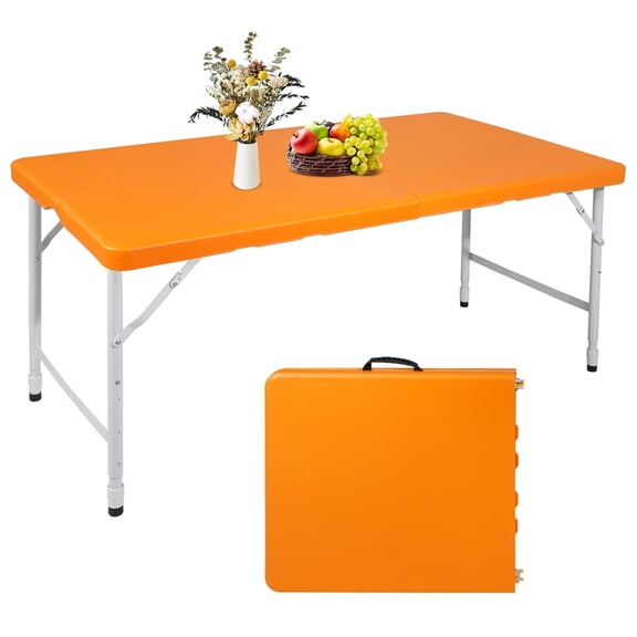 4Ft Foldable Utility Table, Adjustable Height Heavy Duty Plastic Table with Handle, Compact Portable Design for Picnic Camping BBQ Party, Indoor Outdoor, Orange