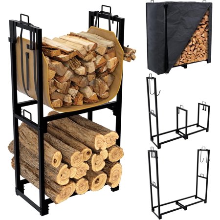 4Ft Heavy Duty Firewood Rack Outdoor, 3 Level Adjustable Length Wood Rack Indoor with Firewood Holder Cover & Log Holder Carrier, Weather Resistant Wood Stacker Storage for Patio Fireplace
