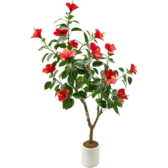 4Ft Hibiscuses Artificial Tree, Faux Tree with Realistic Leaves, Red Flowers Potted Faux Plant Indoor Flowering Trees for Porch Office Home Patio