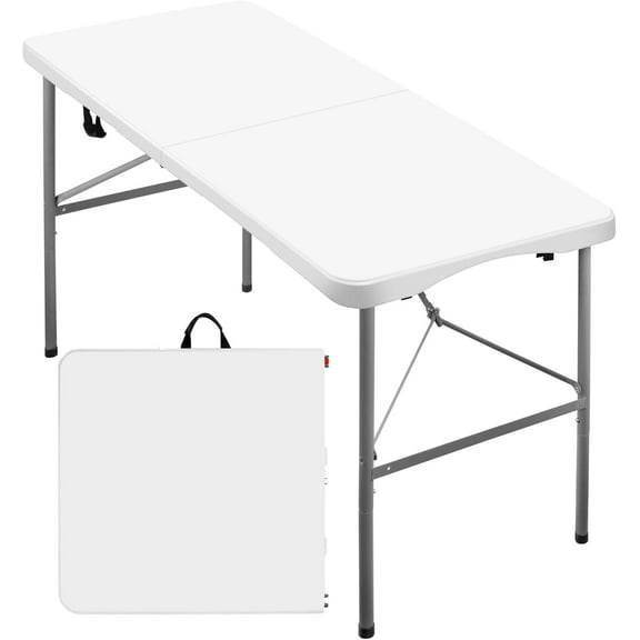 4Ft Plastic Folding Table,Fold-in-Half Portable Picnic Table Outdoor for Camping,Party,Wedding,Kitchen,Beach,with Lock,Handle,White-Straight Leg