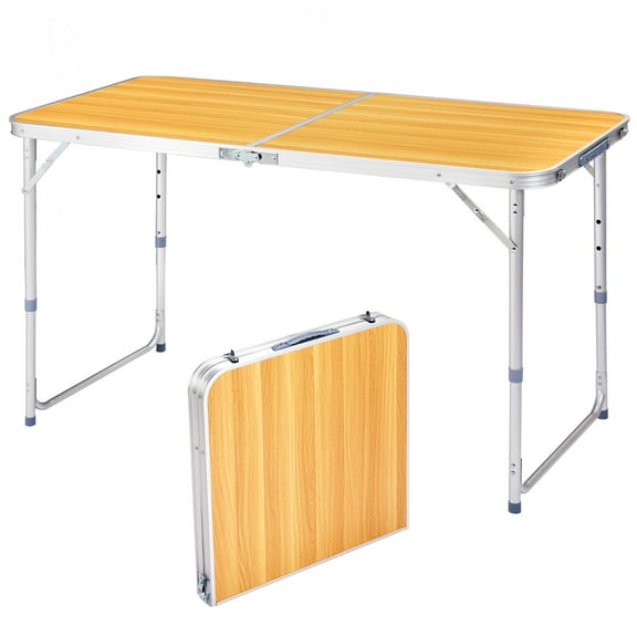 4Ft Portable Folding Table  Wood Grain Finish for Patio, Dining, Craft Room | Space-Saving, Sturdy Multipurpose Desk | Easy to Store/Clean, Ideal for Home/Outdoor Use