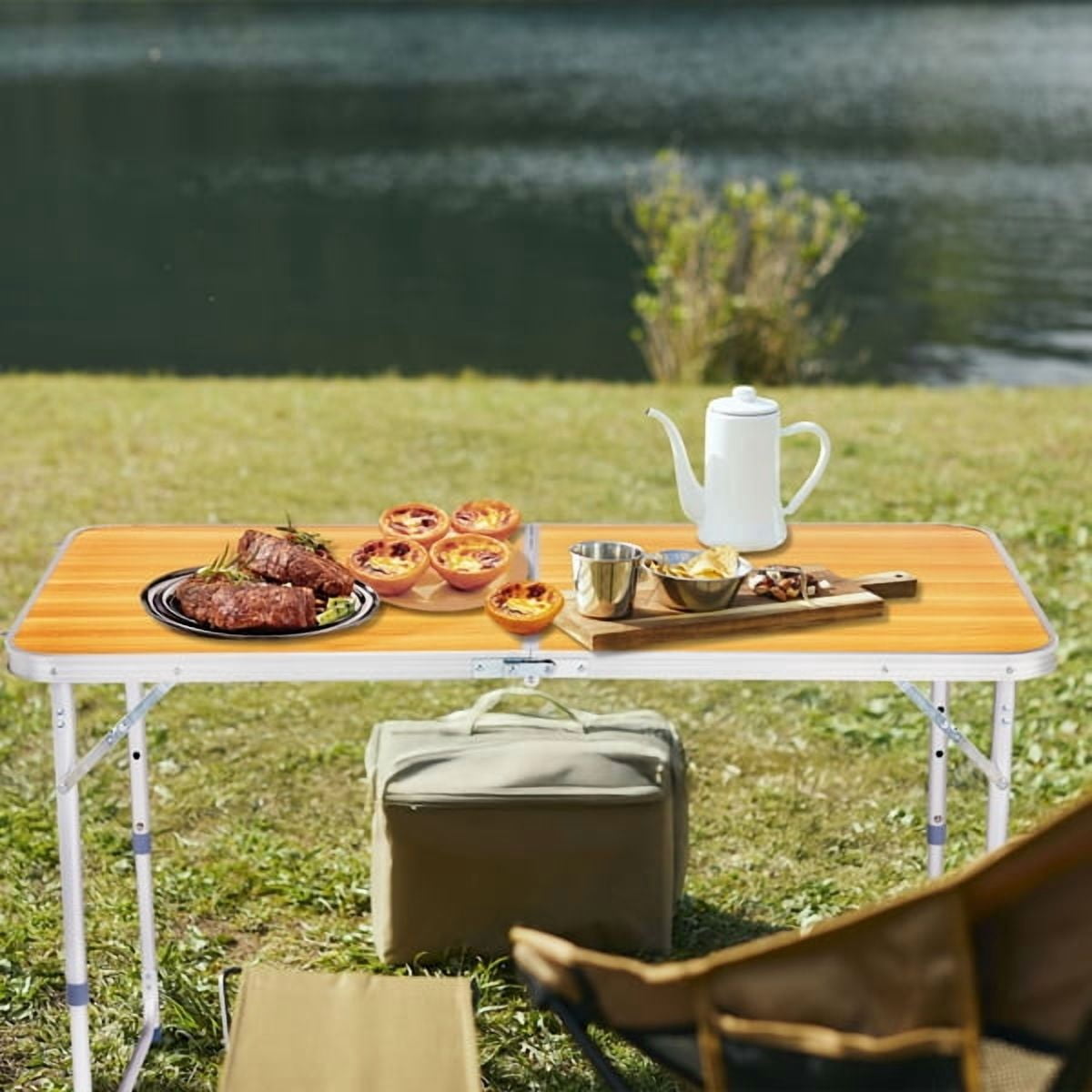 4Ft Portable Multipurpose Folding Table 70lb Capacity - Wood Grain Lightweight Camping Table,Portable for Indoor/Outdoor, Locking Legs