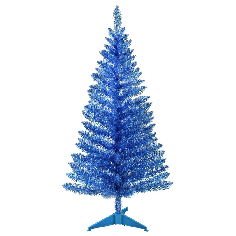 4Ft Pre-Lit Blue Artificial Christmas Pine Tree, Tinsel, Three-Section ...