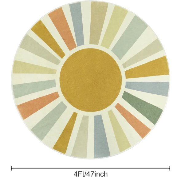 4Ft Round Boho Sun Rainbow Rug, Soft Non-Slip Circular Washable Area Rug for Playroom Bedroom Office Reading Nook Dorm Home Decor