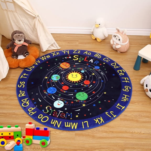 4Ft Round Kids Area Rug Galaxy Outer Space Solar System Educational Learning Carpet Non Slip Soft Crawling Play Mat for Kids Bedroom Nursery Playroom Classroom, 4' x 4' Round