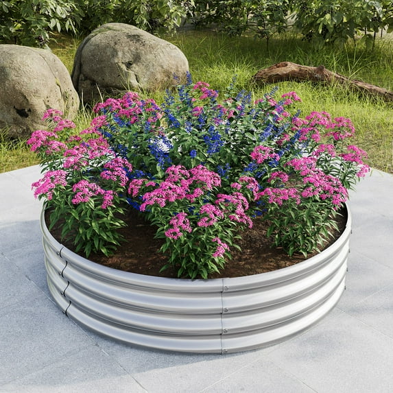 4Ft Round Raised Garedn Bed,11.4” Tall Metal Raised Beds,Outdoor Garden Raised Planter Box for Flowers, Herbs, Fruits,Silver